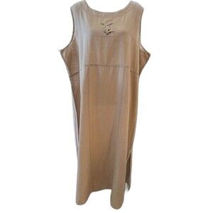 Silk Linen Embroidered Midi Dress Beige Floral Bee Boho Coastal 3X Sleeveless